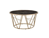 33" Gold Steel And Faux Black Marble Round Top Coffee Table