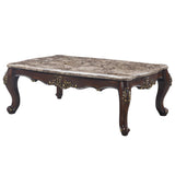 56" Cherry And Marble Faux Marble And Solid Wood Rectangular Coffee Table