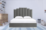 Queen Grey Upholstered Vertical Channel Velvet Bed with USB