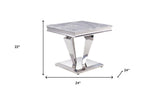 22" Silver And Light Gray Marble Look And Stainless Steel Square End Table