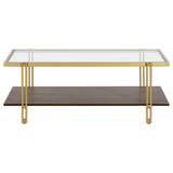 45" Brown And Gold Glass And Steel Coffee Table With Shelf