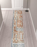 12' Denim Blue Oriental Power Loom Distressed Washable Runner Rug