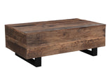 52" Dark Brown And Black Solid Wood And Metal Distressed Coffee Table