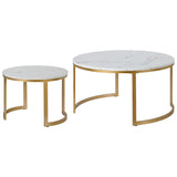 Set of Two 36" White And Gold Faux Marble And Steel Round Nested Coffee Tables