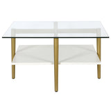 32" White And Gold Glass And Steel Square Coffee Table With Shelf