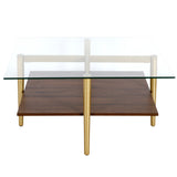 32" Brown And Gold Glass And Steel Square Coffee Table With Shelf