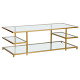 54" Gold Glass And Steel Coffee Table With Three Shelves