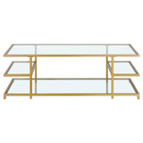 54" Gold Glass And Steel Coffee Table With Three Shelves