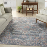 9' X 12' Blue Floral Power Loom Distressed Area Rug