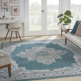 9' X 12' Blue And Pink Floral Power Loom Distressed Washable Area Rug