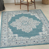 8' X 10' Aqua Floral Power Loom Distressed Area Rug