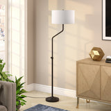 66" Black Adjustable Floor Lamp With White Fabric Drum Shade