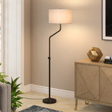 66" Black Adjustable Floor Lamp With White Fabric Drum Shade