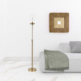 66" Brass Torchiere Floor Lamp With Clear Transparent Glass Drum Shade