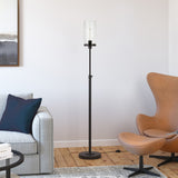 66" Black Torchiere Floor Lamp With Clear Seeded Glass Drum Shade