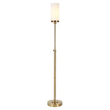 66" Brass Torchiere Floor Lamp With White Frosted Glass Drum Shade