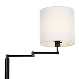 62" Black Swing Arm Floor Lamp With White Frosted Glass Drum Shade