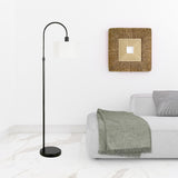 70" Black Arched Floor Lamp With White Frosted Glass Drum Shade