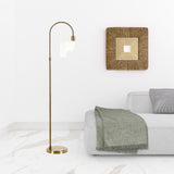 70" Brass Arched Floor Lamp With White Frosted Glass Drum Shade