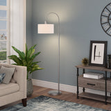 70" Brass Arched Floor Lamp With White Frosted Glass Drum Shade