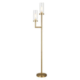 69" Brass Two Light Torchiere Floor Lamp With Clear Transparent Glass Drum Shade