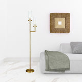 69" Brass Two Light Torchiere Floor Lamp With Clear Transparent Glass Drum Shade