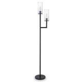 69" Black Two Light Torchiere Floor Lamp With Clear Transparent Glass Drum Shade