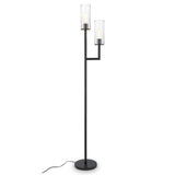 69" Black Two Light Torchiere Floor Lamp With Clear Transparent Glass Drum Shade