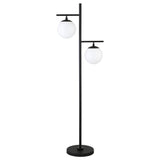 71" Black Two Light Tree Floor Lamp With White Frosted Glass Globe Shade