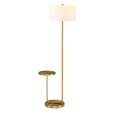 66" Brass Tray Table Floor Lamp With White No Pattern Frosted Glass Drum Shade