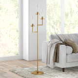 66" Brass Tray Table Floor Lamp With White No Pattern Frosted Glass Drum Shade