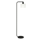 57" Black Arched Floor Lamp With White Frosted Glass Drum Shade