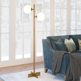 70" Nickel Two Light Tree Floor Lamp With White Frosted Glass Globe Shade