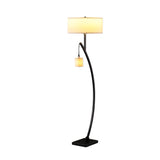 59" Matte Black Dual Arc Floor Lamp With White Drum Shade