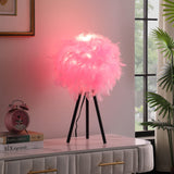 21" Black Tripod Table Lamp With Pink Faux Feather Shade