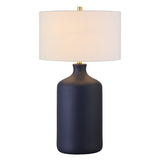 29" Navy Blue Ceramic Table Lamp With White Drum Shade