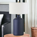 29" Navy Blue Ceramic Table Lamp With White Drum Shade