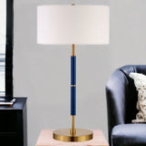 25" Blue and Gold Metal Two Light Table Lamp With White Drum Shade