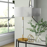 25" Gold and White Metal Two Light Table Lamp With White Drum Shade