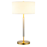 25" Gray and Gold Metal Two Light Table Lamp With White Drum Shade