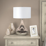 25" Nickel Glass Table Lamp With White Drum Shade