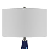 25" Navy Blue Glass Table Lamp With White Drum Shade