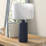 25" Navy Blue Ceramic Cylinder Table Lamp With White Drum Shade