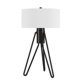 25" Black Metal Two Light Tripod Table Lamp With White Drum Shade