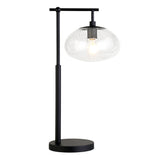 25" Black Metal Arched Table Lamp With Clear Seeded Globe Shade