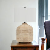 27" Natural Rattan Table Lamp With White Drum Shade