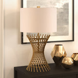 32" Brass Metal Adjustable Table Lamp With White Drum Shade