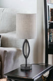 28" Black Solid Wood Round Table Lamp With Gray Drum Shade