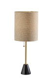 28" Black and Gold Metal Cylinder Table Lamp With Beige Drum Shade