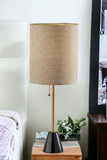 28" Black and Gold Metal Cylinder Table Lamp With Beige Drum Shade